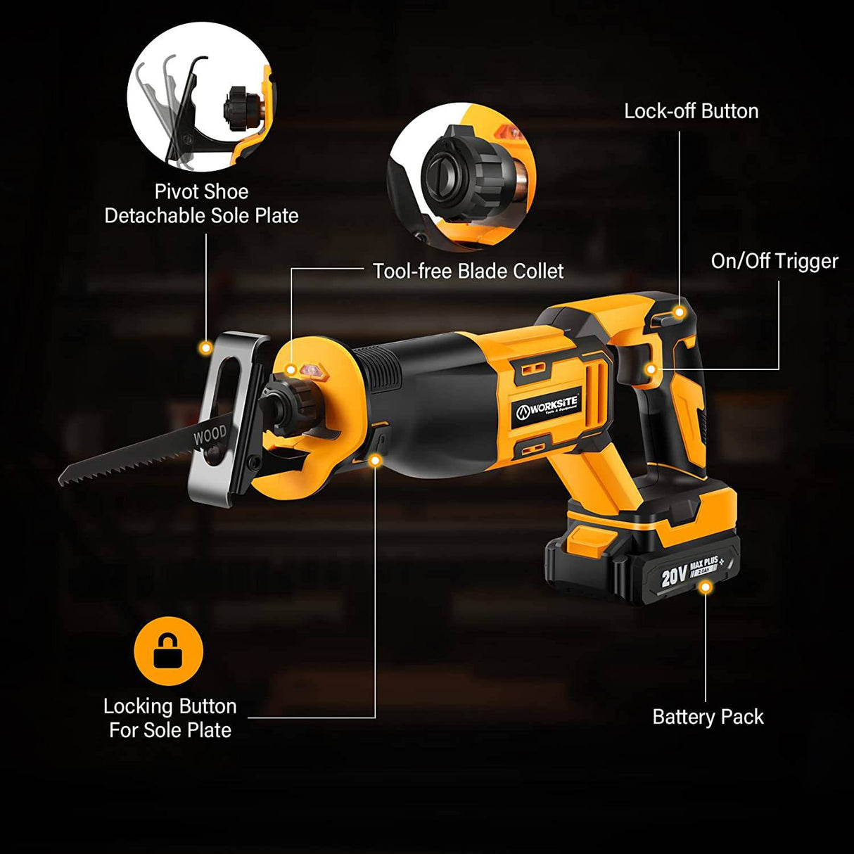 Sierra de sable de WORKSITE, inalámbrica de 20 V con batería de 2,0 Ah y cargador rápido de 1 hora, gatillo de velocidad variable de 0-3000 SPM, 6 hojas de sierra para corte de tuberías de madera/metal/PVC - DIGVICE MX