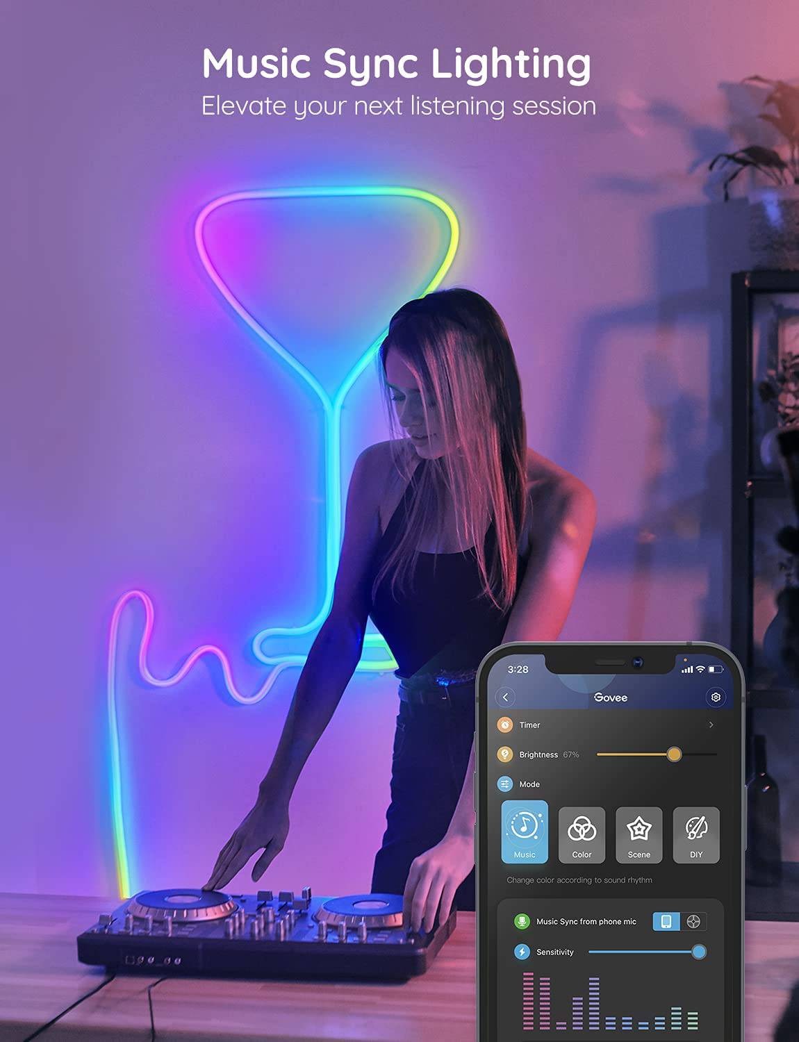 Govee Neon Rope Light, RGBIC Rope Lights con sincronización de música, diseño de bricolaje, funciona con Alexa, Google Assistant, 10 pies (no compatible con 5G WiFi) - DIGVICE MX
