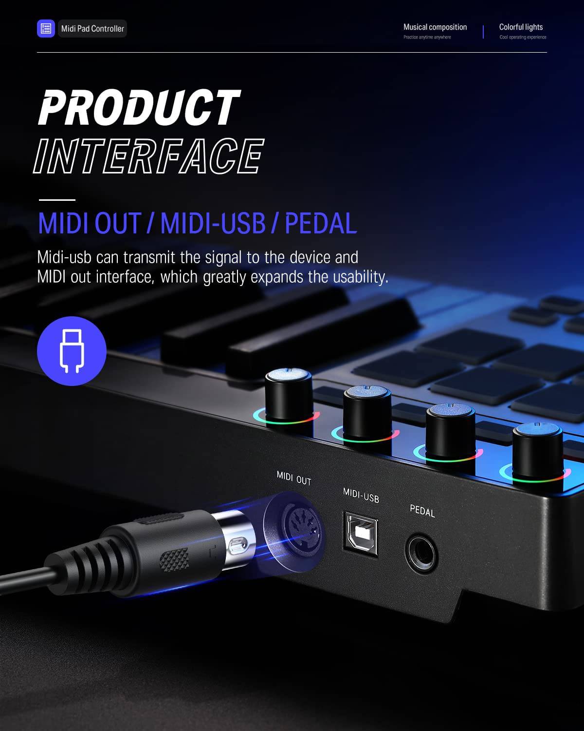 Donner STARRYKEY Teclado MIDI Controlador MIDI, 25 teclas de tamaño completo, efecto de iluminación de 7 colores, 8 almohadillas retroiluminadas sensibles a la velocidad con 24 tonos personalizados seleccionables, con salida MIDI e interfaz de pedal