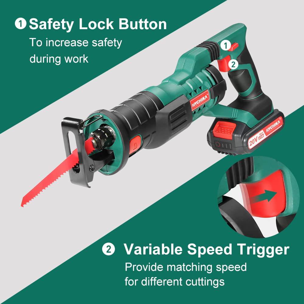 HYCHIKA Sierra alternativa inalámbrica 20V 2Ah 2 baterías 4 hojas de sierra, 0-2800SPM Velocidad variable, 7/8 "Longitud de carrera Cambio de hoja sin herramientas Luz LED para poda de corte de madera y metal - DIGVICE MX