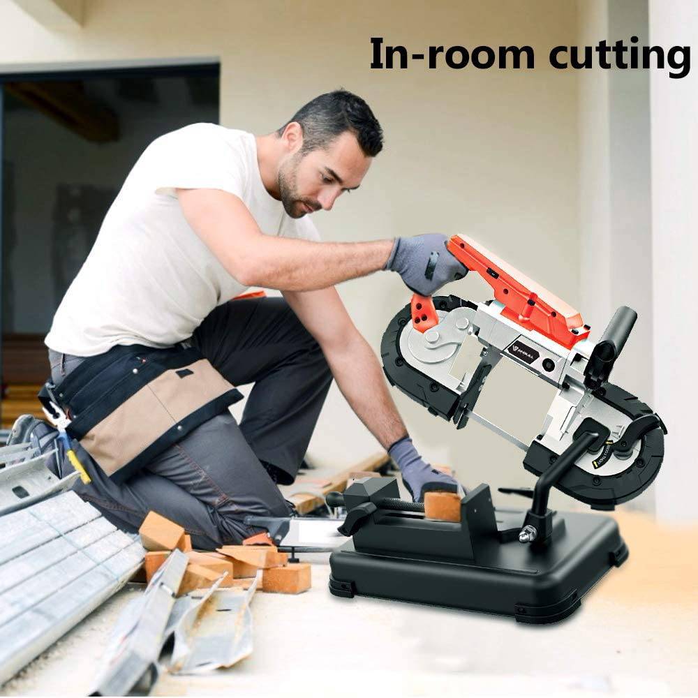 Sierra de cinta portátil Anbull con base extraíble de aleación de acero, corte de metal de 45°-90°, motor 10A 1100W, corte profundo de 5 pulgadas, con hoja de sierra de 14 TPI de 0,025 por 44-7/8 pulgadas y foco LED - DIGVICE MX