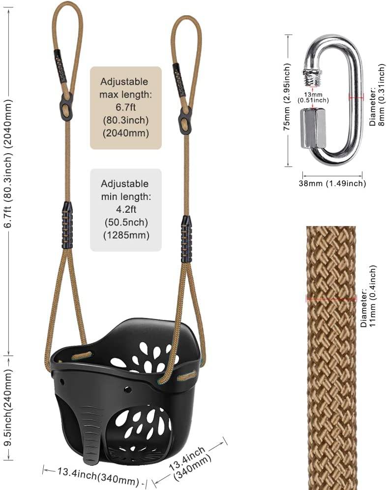 SELEWARE Asiento de columpio para niños pequeños con respaldo alto y respaldo alto con mosquetones de bloqueo y cuerda ajustable, lindo diseño en forma de elefante, límite de peso de 600 lb (columpio de cubo, negro) - DIGVICE MX