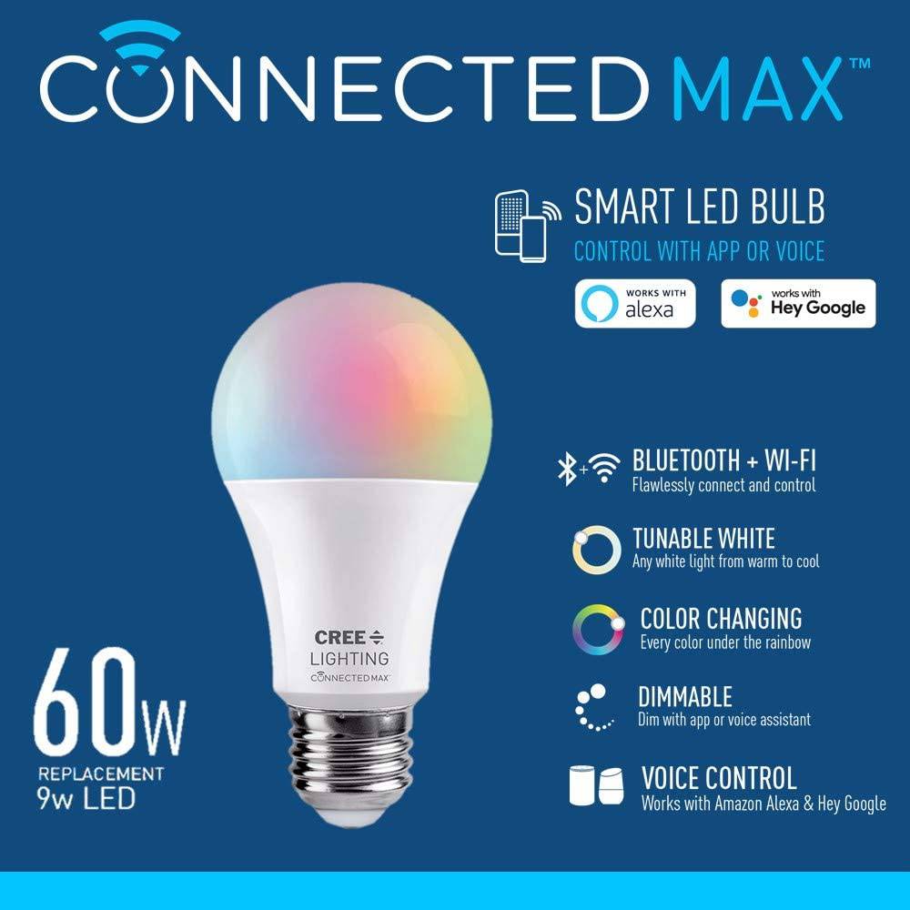 Cree Lighting Connected Max Smart Led Bulb A19 60W Tunable White + Cambio de color, 2.4 Ghz, Funciona con Alexa y Google Home, No requiere concentrador, Bluetooth + Wifi, 1Pk - DIGVICE MX