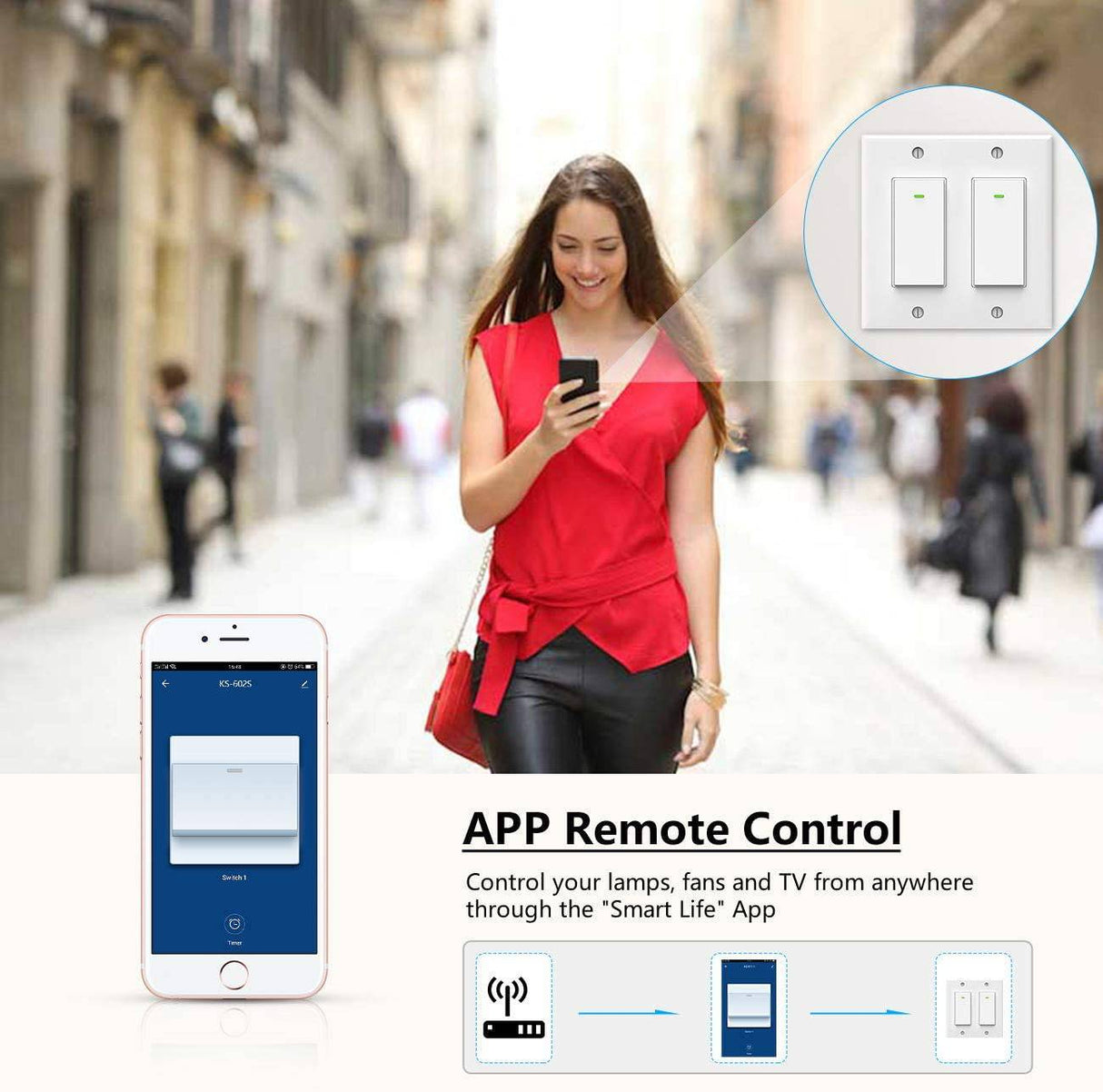 LESIM Interruptor de luz Alexa, interruptores de luz Wifi inteligentes dobles, interruptor inteligente de 2 bandas que funciona con el Asistente de Google e IFTTT (dos interruptores separados con una placa de pared) - DIGVICE MX