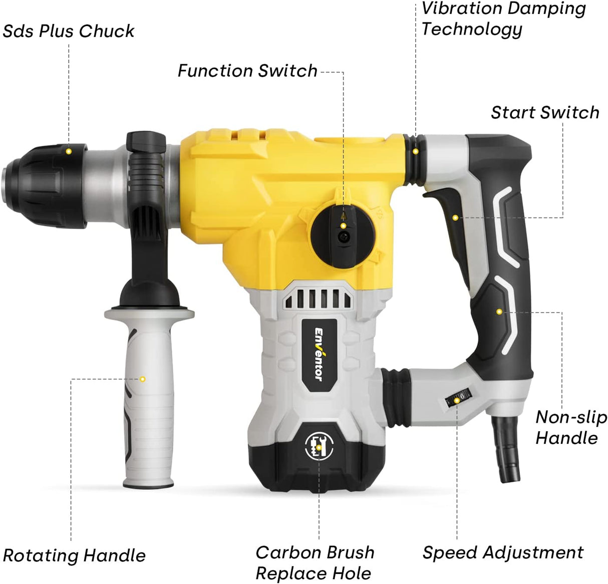Taladro percutor giratorio, martillo de demolición ENVENTOR 12A, taladro percutor SDS-Plus de 1-1/4 pulgadas para hormigón y piedra, martillo giratorio con 4 funciones, control de vibración y embrague de seguridad, 14 accesorios - DIGVICE MX