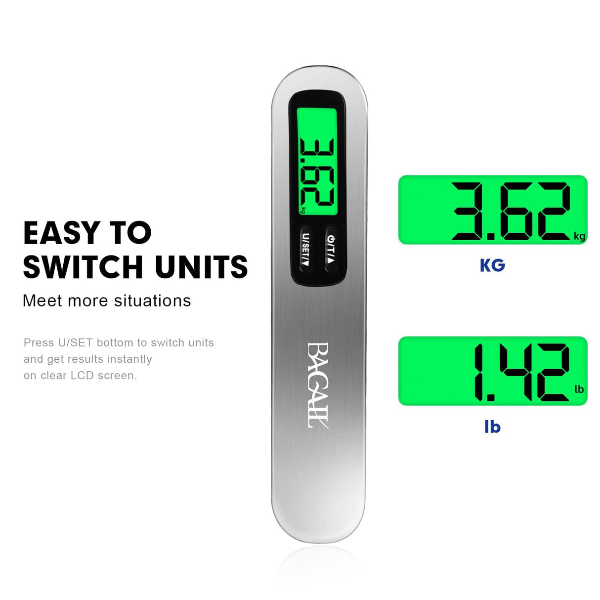 BAGAIL Báscula digital para equipaje, báscula colgante para equipaje con pantalla LCD retroiluminada, báscula de peso de viaje, báscula portátil para maleta con gancho, capacidad de 110 libras, batería incluida, color plateado