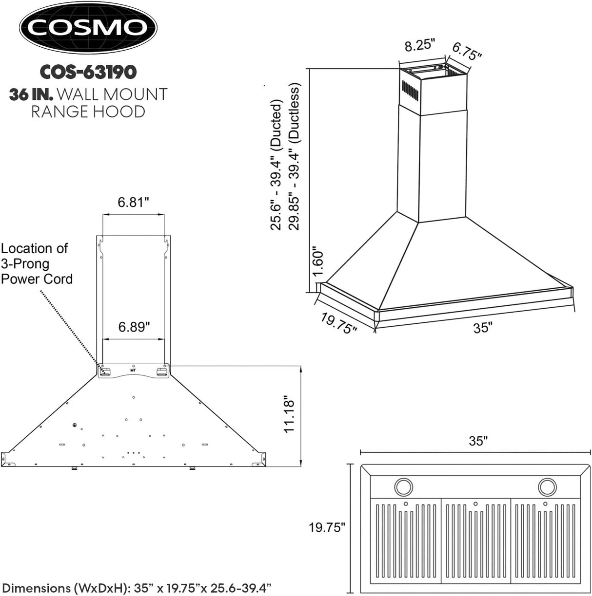 COSMO 63190 Campana de montaje en pared de 36 pulgadas con conductos convertibles sin conductos (no incluye kit), ventilación sobre la estufa estilo chimenea de cocina, ventilador de escape de 3 velocidades, filtros permanentes - DIGVICE MX
