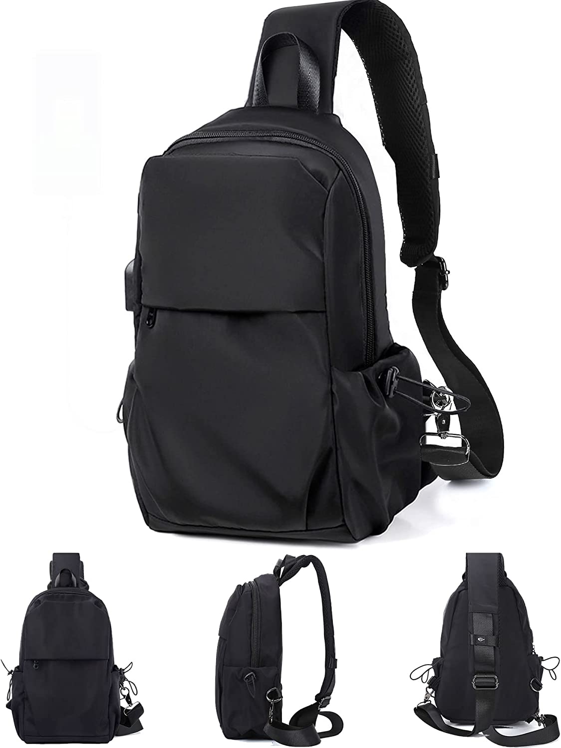 SEAFEW - Mochila pequeña negra con bandolera para hombres y mujeres, mochila ligera con una correa, puerto de carga USB, nailon