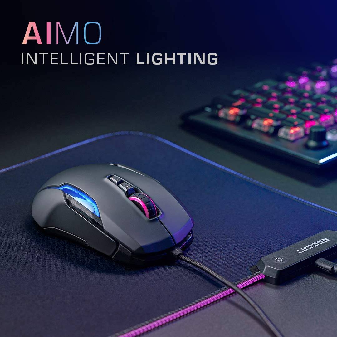 ROCCAT Kone AIMO - Ratón para juegos de PC remasterizado, óptico, iluminación retroiluminada RGB, 23 teclas programables, memoria integrada, empuñadura de palma, sensor de ojo de búho, ergonómico, iluminación LED, ajustable a 16 000 ppp, negro