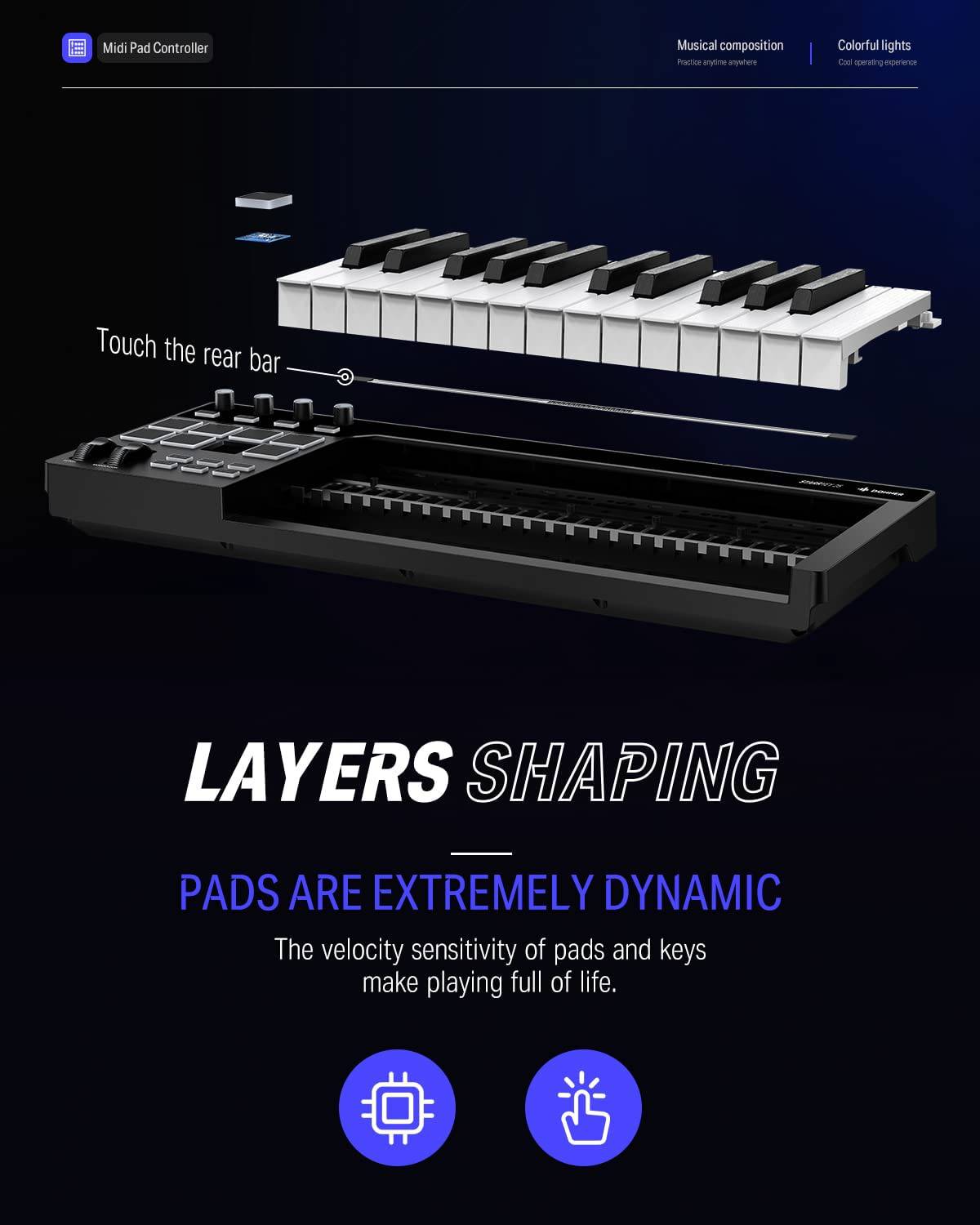 Donner STARRYKEY Teclado MIDI Controlador MIDI, 25 teclas de tamaño completo, efecto de iluminación de 7 colores, 8 almohadillas retroiluminadas sensibles a la velocidad con 24 tonos personalizados seleccionables, con salida MIDI e interfaz de pedal