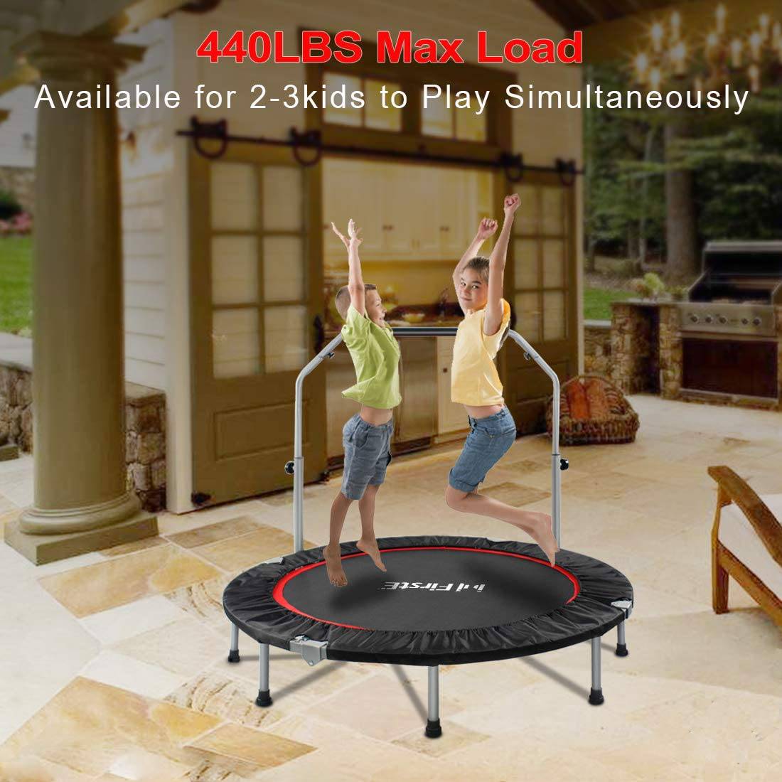 FirstE - Trampolines de fitness plegables de 48 pulgadas con pasamanos de espuma de altura ajustable de 4 niveles, trampolín de salto para niños y adultos en interiores y exteriores, carga máxima de 440 libras