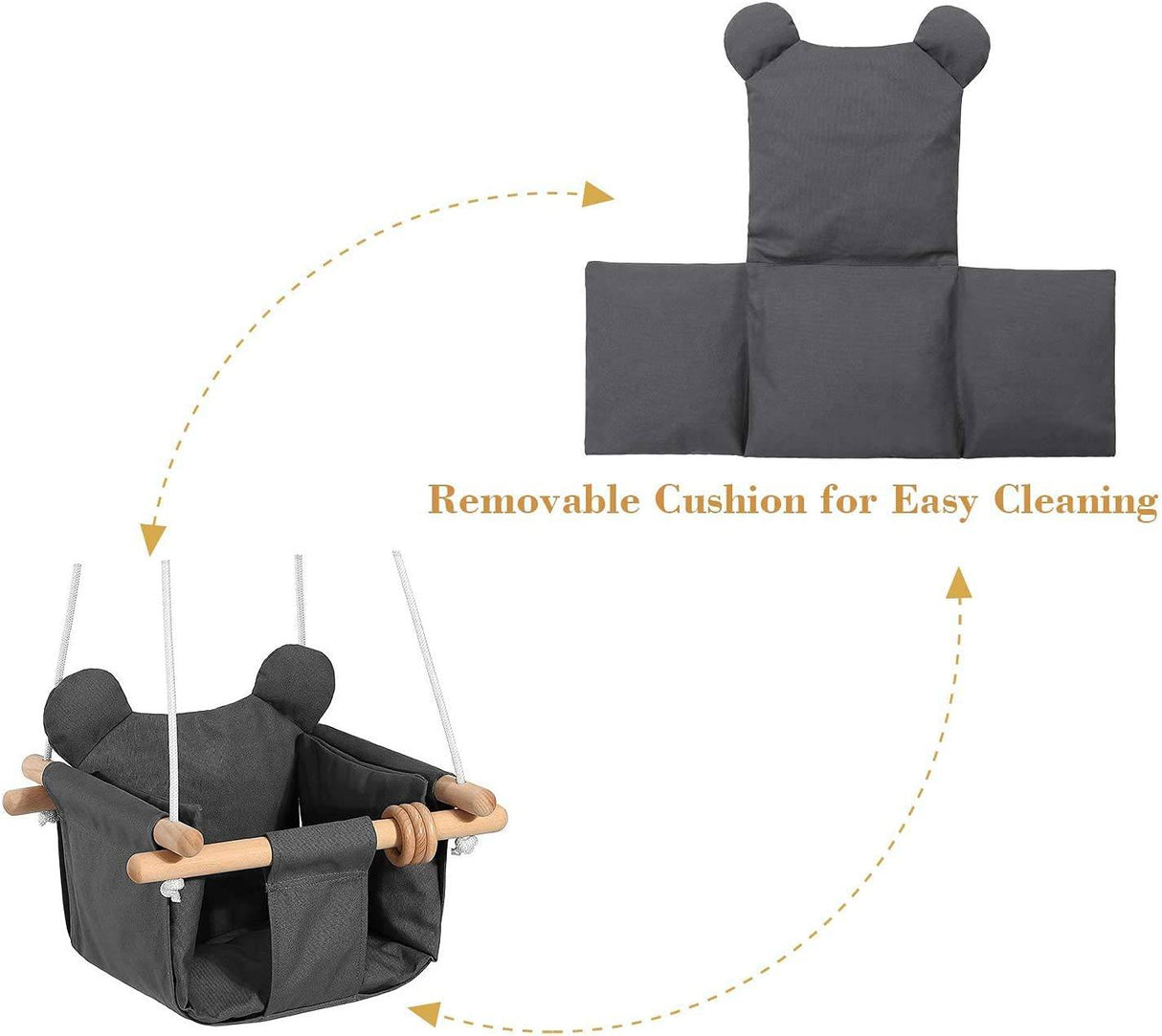 Milan Secure - Silla colgante de lona y madera para bebé, para interior y exterior, hamaca para patio trasero, columpio exterior, juguetes para niños, columpios de 6 a 36 meses con cojín decorativo para los oídos y anillo de madera natural, gris - DIGVICE MX