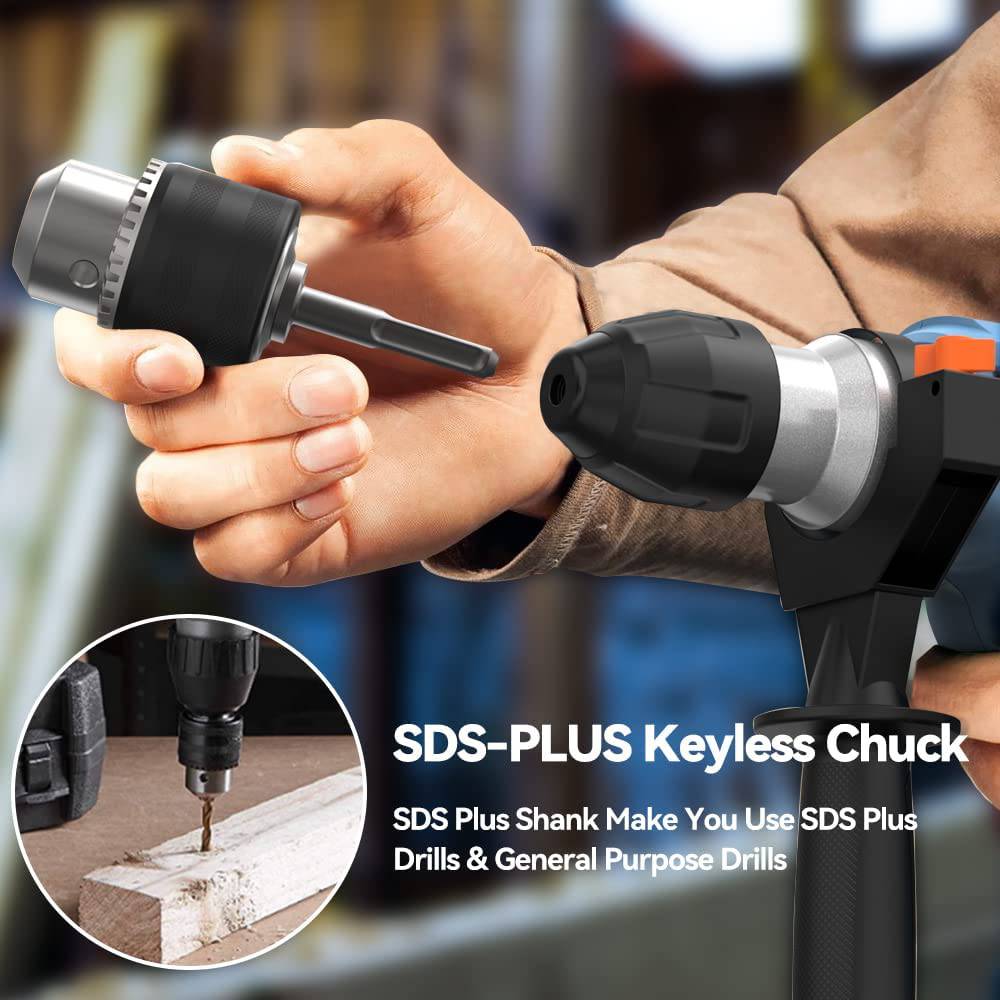 Taladro percutor giratorio Handife 12,5 A 1500 W Martillo resistente 1-1/4'' SDS-Plus, 3 funciones Regulación de 6 velocidades con tecnología de amortiguación de vibraciones, embrague de seguridad, utilizado para hormigón, metal y piedra - DIGVICE MX