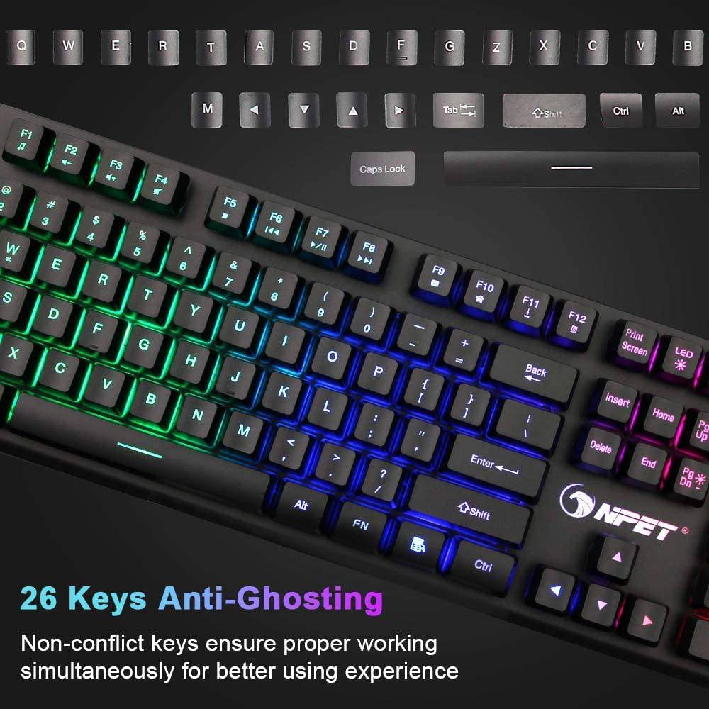 NPET K10 - Teclado para juegos, retroiluminación RGB, diseño resistente a derrames, teclas multimedia, teclado de membrana USB silencioso y silencioso para escritorio, computadora, PC (negro)