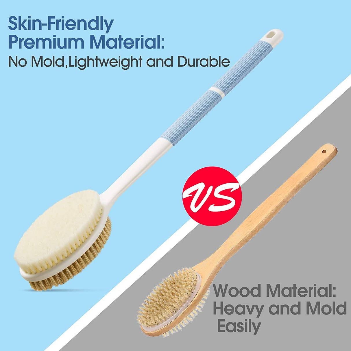 Backski - Depurador de espalda antideslizante para ducha, cepillo de espalda de mango largo con cerdas rígidas y suaves, exfoliante corporal para baño o cepillo seco.