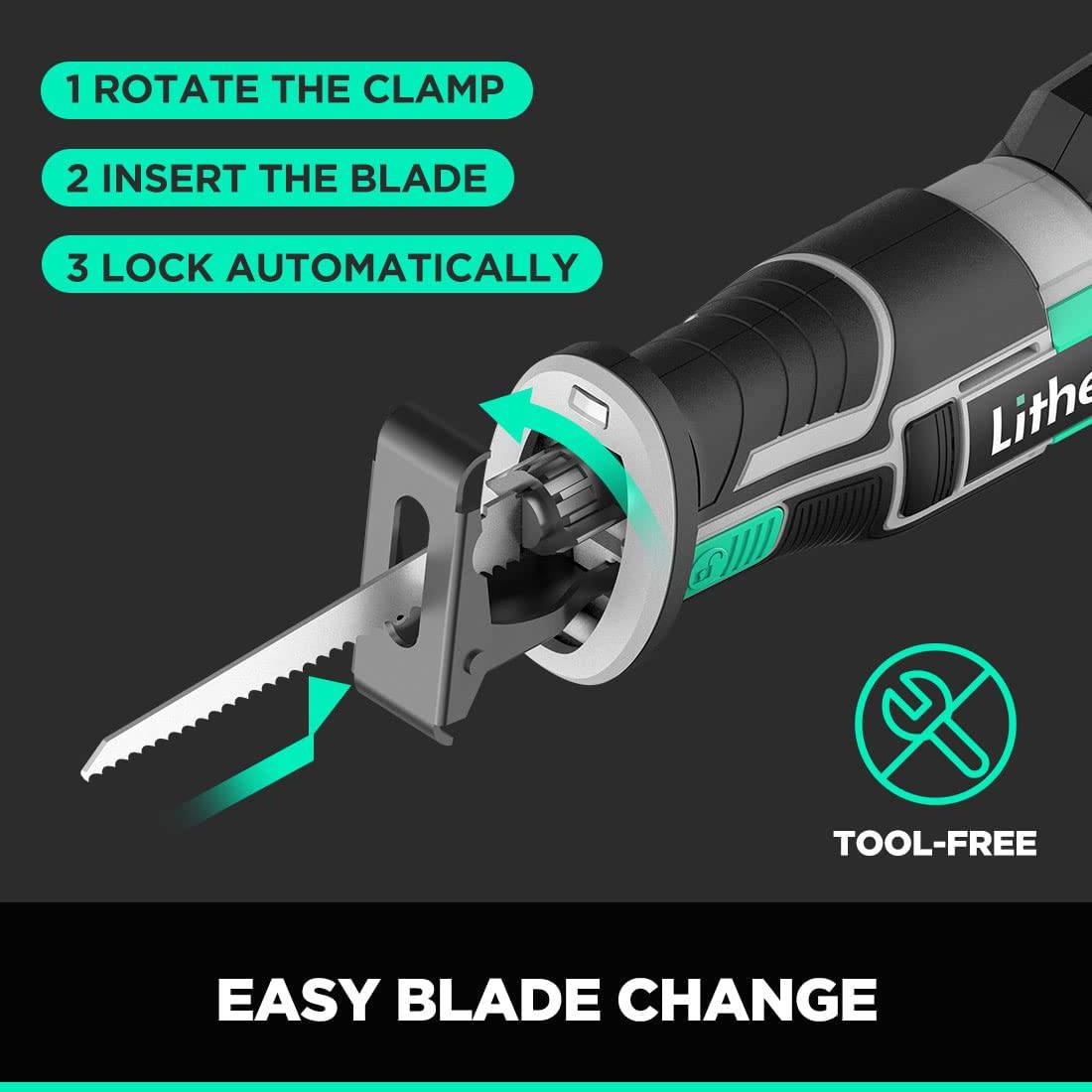 Litheli Sierra de sable inalámbrica, potente kit de sierra de mano con batería de 20 V 4,0 Ah y cargador rápido, 0-3000 SPM con cambio de cuchillas sin herramientas, ligera para corte de madera y metal. - DIGVICE MX