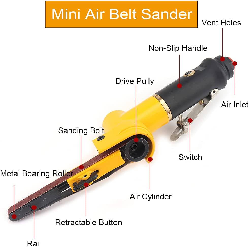 NUODUN - Juego de lijadora neumática de banda de aire de 3/8 "con 14 cinturones, incluye grano 60/80/120, herramienta de aire de entrada de aire de 1/4" para pulido de metales de aluminio, hierro y acero - DIGVICE MX