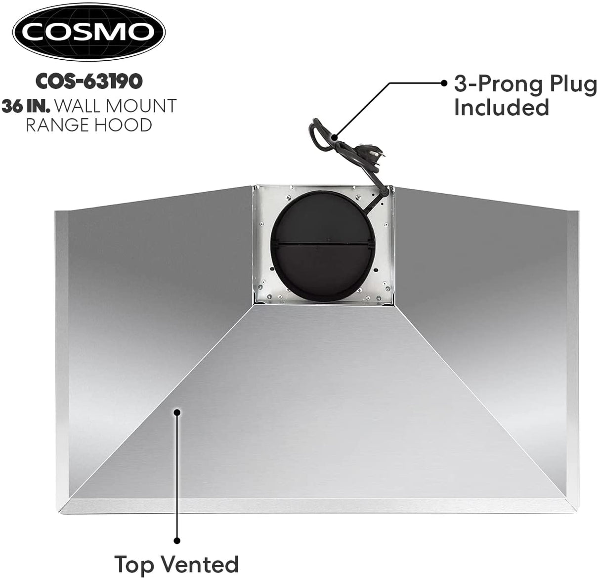 COSMO 63190 Campana de montaje en pared de 36 pulgadas con conductos convertibles sin conductos (no incluye kit), ventilación sobre la estufa estilo chimenea de cocina, ventilador de escape de 3 velocidades, filtros permanentes - DIGVICE MX