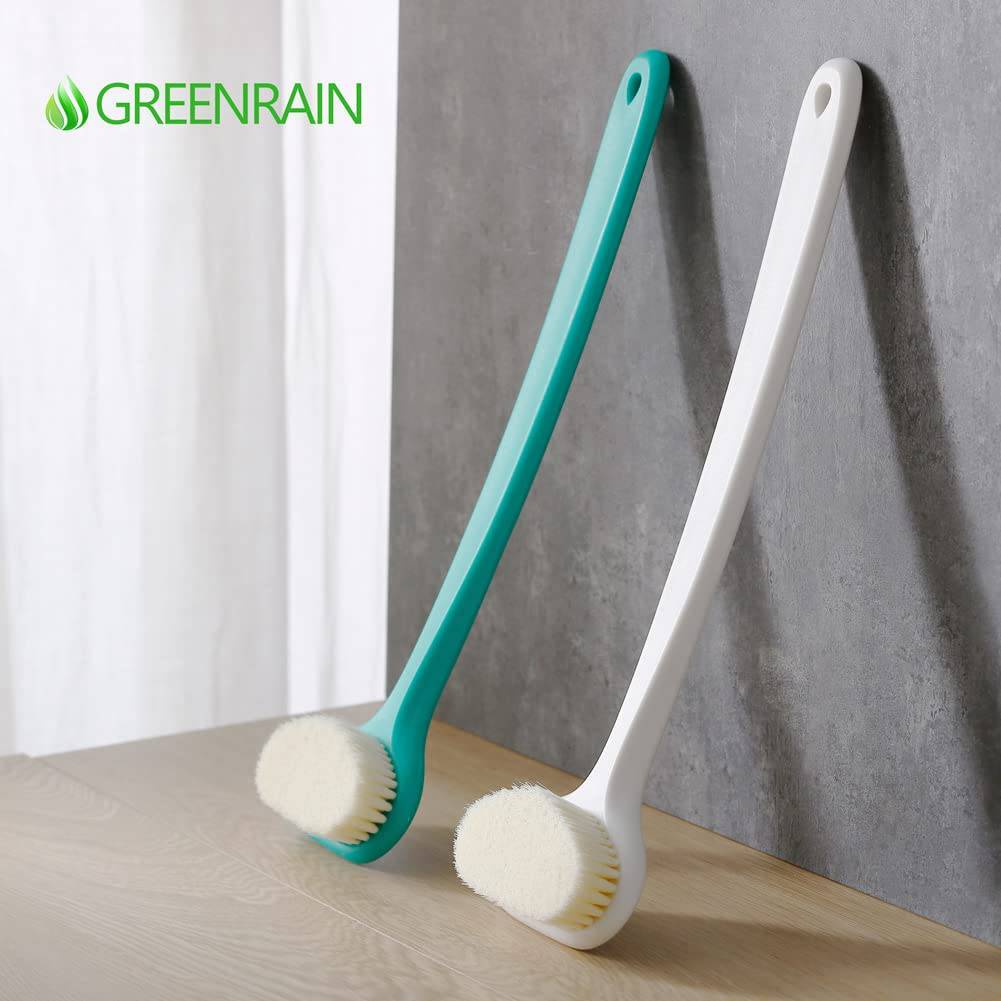Greenrain - Cepillo corporal de baño mejorado con cerdas cómodas Mango largo Exfoliación suave Mejora la salud y la belleza de la piel Ducha de baño Cepillo corporal de cepillado húmedo o seco (14 pulgadas, blanco)