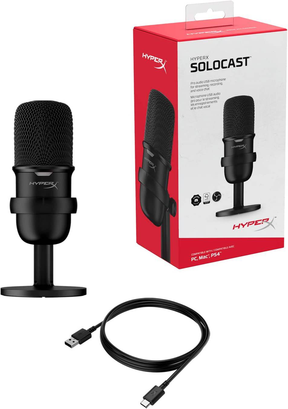 HyperX SoloCast: micrófono de condensador USB para juegos, para PC, PS4, PS5 y Mac, sensor de toque para silenciar, patrón polar cardioide, ideal para juegos, transmisión, podcasts, Twitch, YouTube, Discord