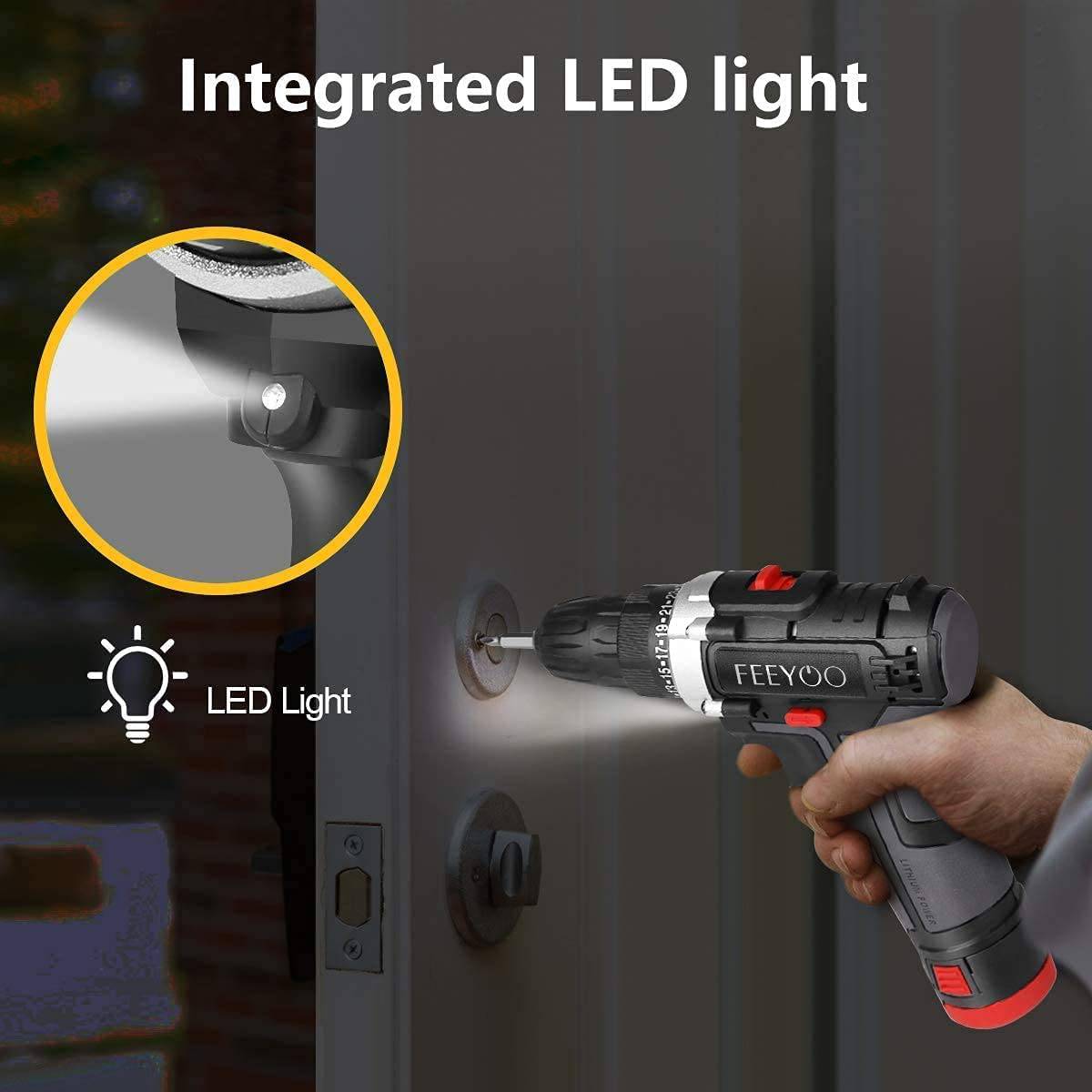 FEEYOO - Juego de taladro inalámbrico con 2 baterías, 12.8V 28Nm potente destornillador eléctrico conjunto de 31 piezas (2x3900mAh baterías, 2 velocidades, 25+1 embrague, 0.394 in mandril automático, luz LED incorporada) para proyectos de bricolaje - DIGVICE MX