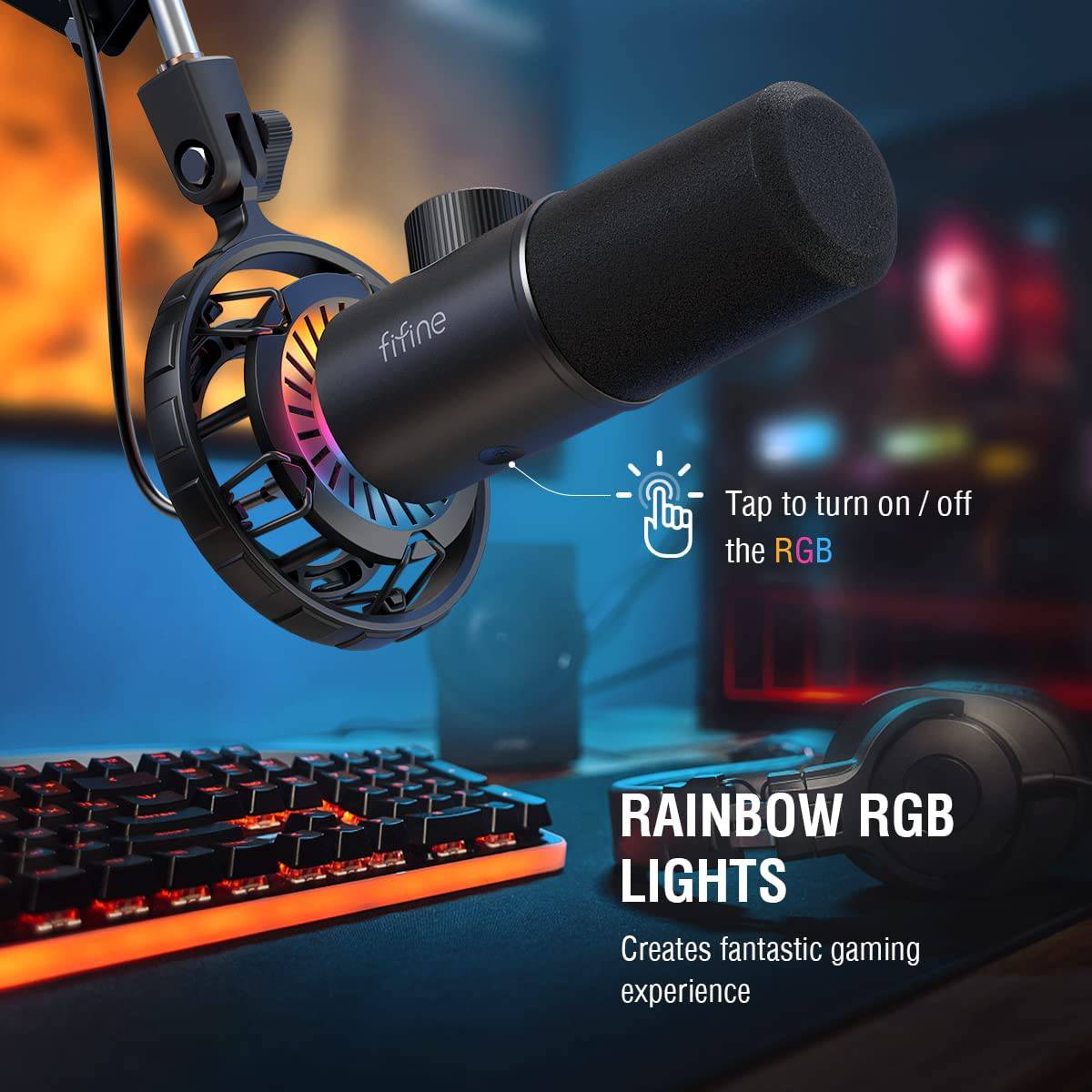 FIFINE RGB Micrófono USB para juegos, dinámico para PC, con botón Tap-to-Mute, micrófono cardioide Plug & Play con conector para auriculares para transmisión, podcast, Twitch, YouTube, Discord- K658