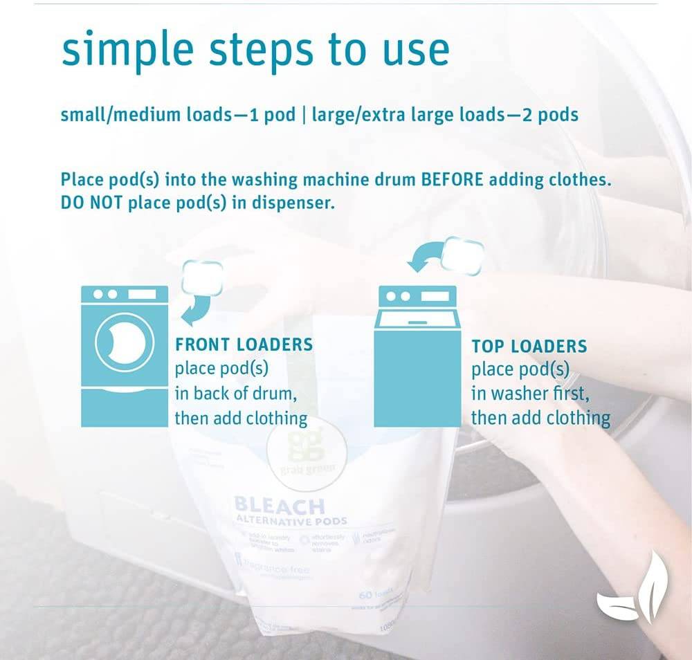 Grab Green Bleach Alternative Pods, 60 unidades, sin cloro, sin fragancia, a base de plantas y minerales, potenciador de lavandería para iluminar los blancos, elimina las manchas, neutraliza los olores - DIGVICE MX