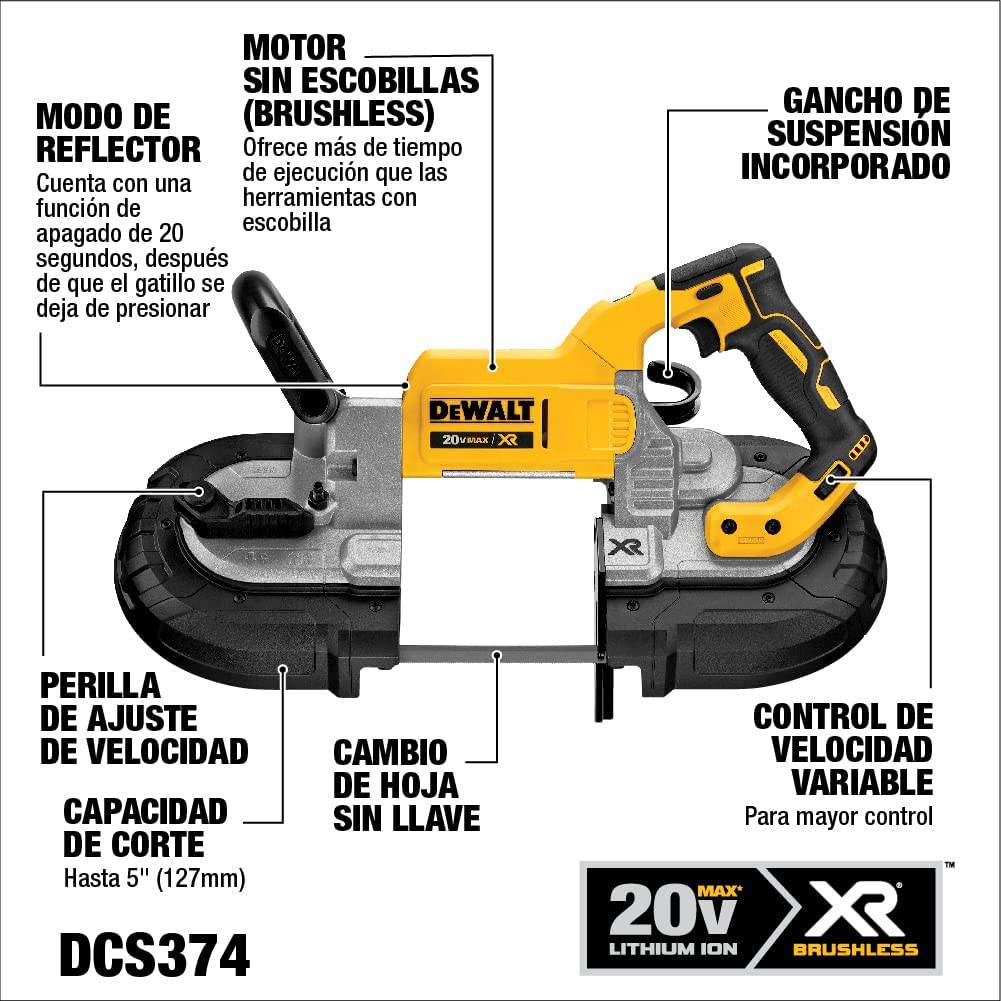 Sierra de cinta portátil DEWALT 20V MAX*, corte profundo, solo herramienta (DCS374B) - DIGVICE MX