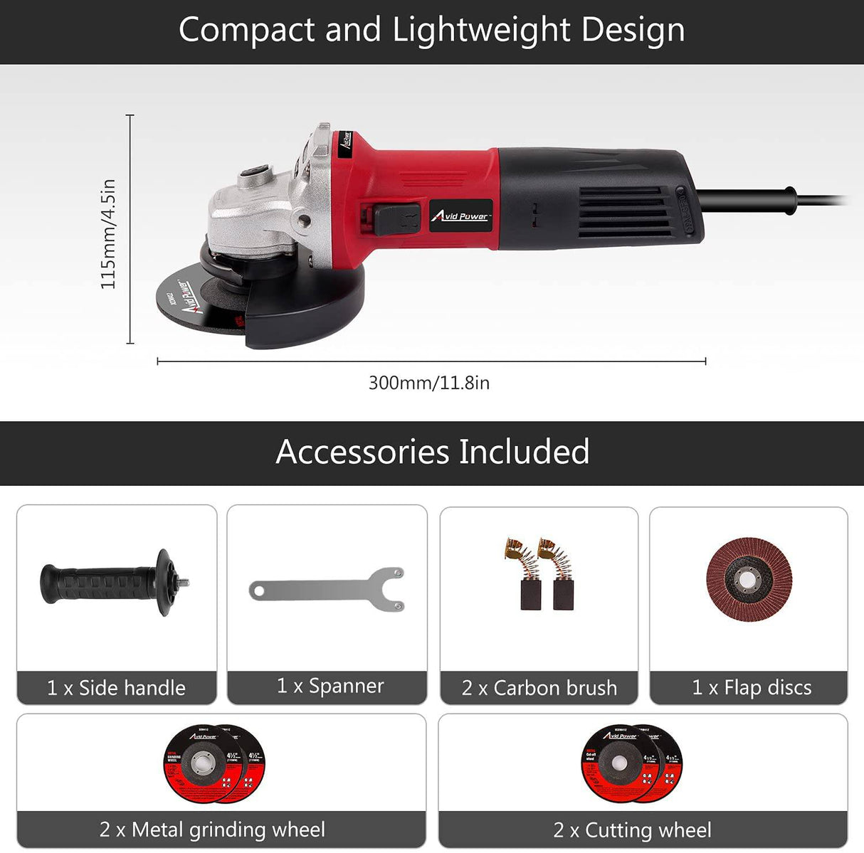 Amoladora angular AVID POWER de 7,5 amperios, 4-1/2 pulgadas con 2 ruedas de molienda, 2 ruedas de corte, disco de láminas y mango auxiliar (rojo oscuro) - DIGVICE MX