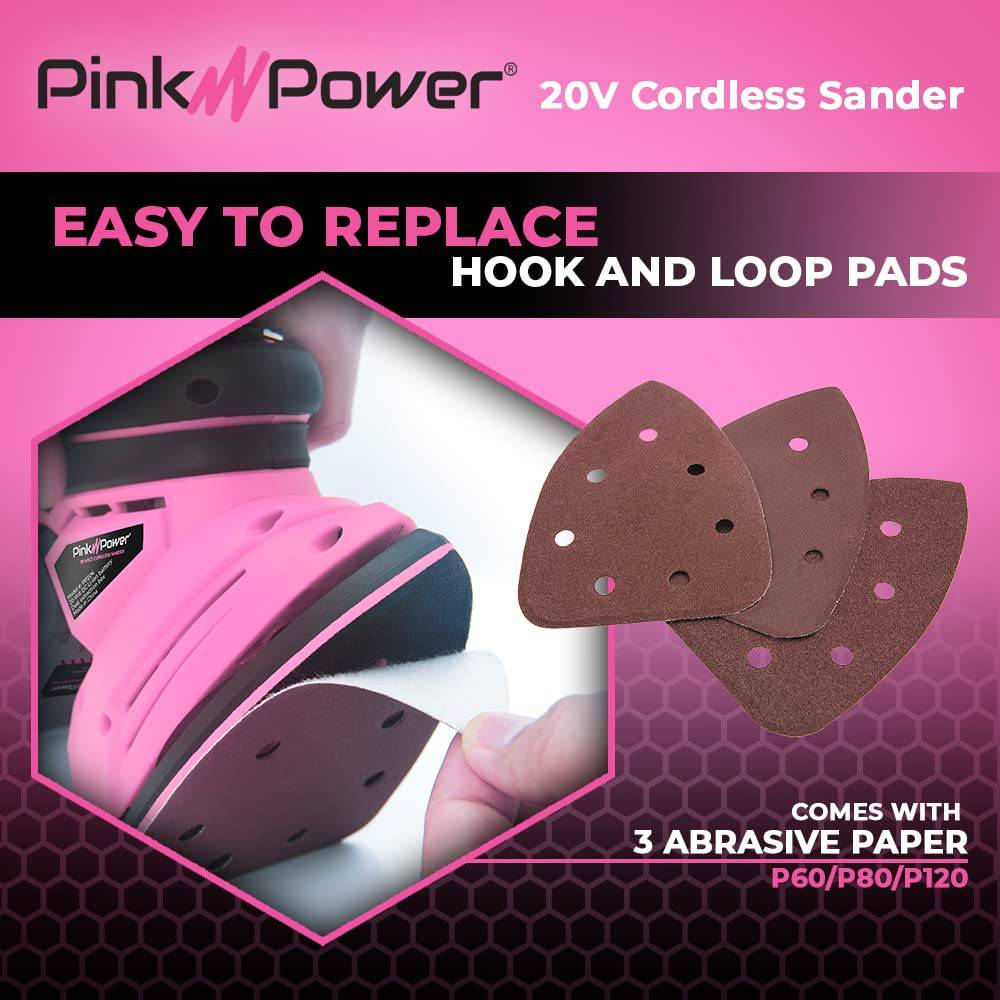 Pink Power - Lijadora de detalles para carpintería, lijadora de mano eléctrica inalámbrica de 20 V para muebles de madera, miniherramienta de lijadora de palma con papel de lija, batería de iones de litio y cargador - DIGVICE MX