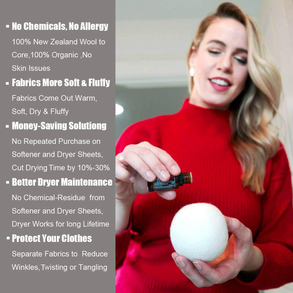 LEVIBASIC Bolas de lana para secadora, paquete de 6 XL, 3 pulgadas de lana auténtica de Nueva Zelanda hasta el núcleo, alternativa suavizante de tela 100 % orgánica, seguro para bebés y sin químicos, reduce las arrugas y acorta el tiempo de secado - DIGVICE MX