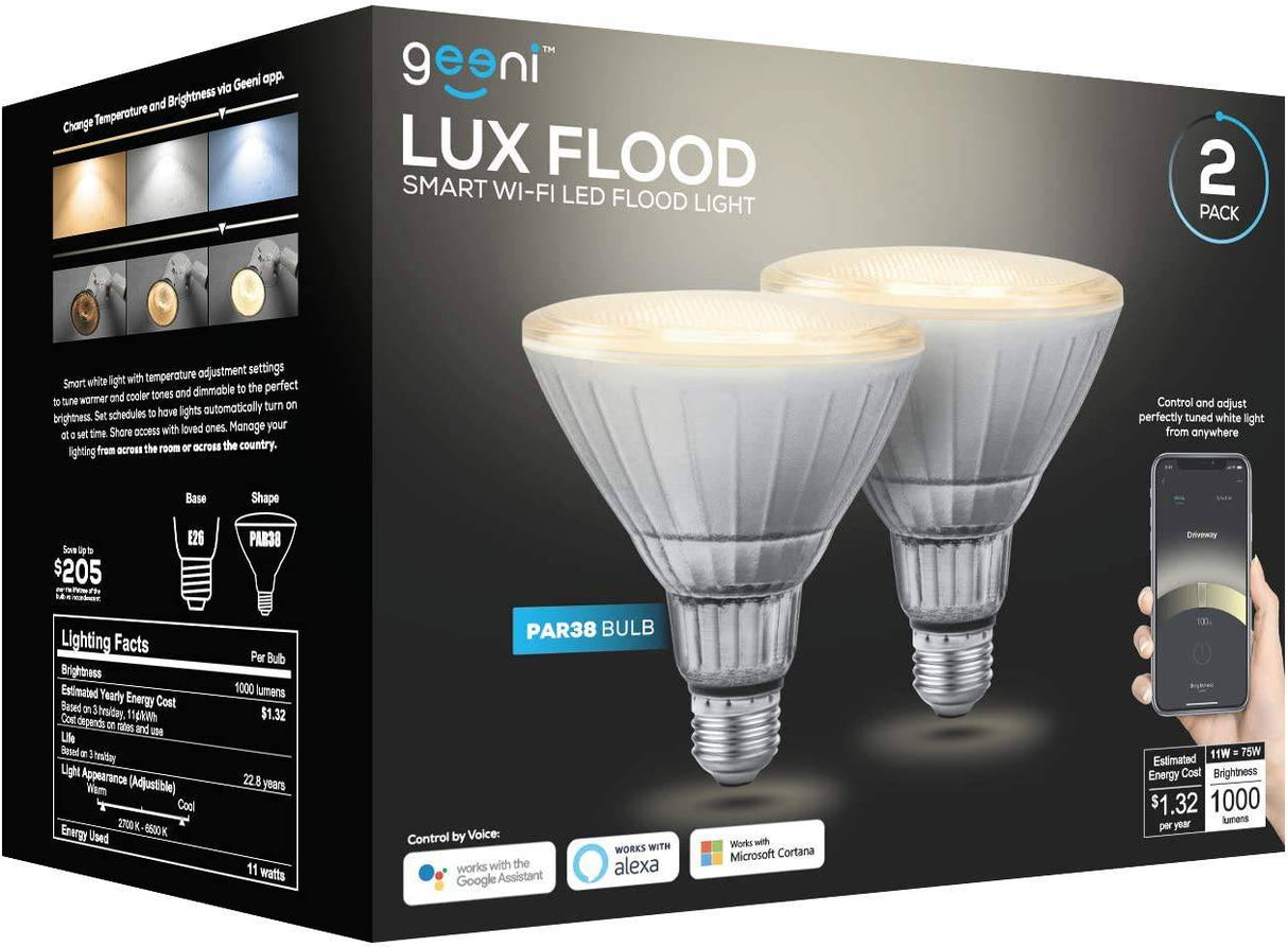 Geeni LUX Foco reflector inteligente, blanco, para exteriores, 2700 K-6500 K, bombilla LED regulable, E26, PAR38, 11 W, 1000 lúmenes, sin concentrador compatible con Alexa, Google Home, requiere Wi-Fi de 2,4 GHz, paquete de 2 - DIGVICE MX