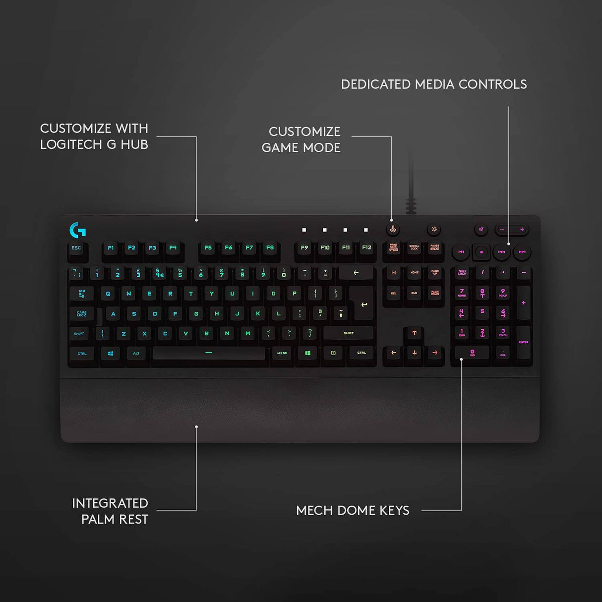 Logitech G213 Prodigy - Teclado para juegos, teclas retroiluminadas RGB LIGHTSYNC, resistente a derrames, teclas personalizables, teclas multimedia dedicadas, negro