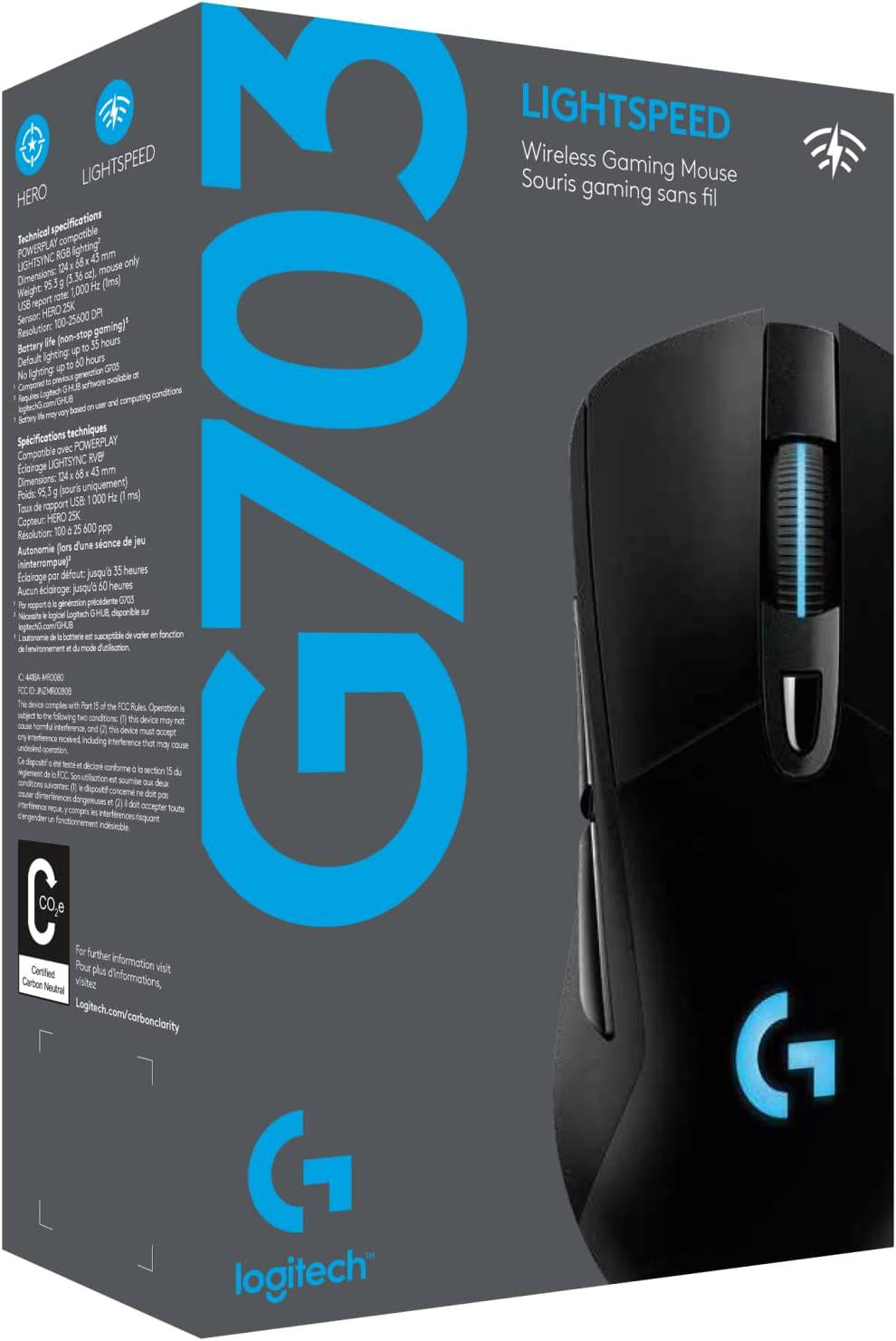 Logitech G703 - Ratón inalámbrico para juegos Lightspeed con sensor Hero 25K, compatible con PowerPlay, Lightsync RGB, ligero 95G+10G opcional, 100-25, 600 DPI, empuñaduras laterales de goma - Negro