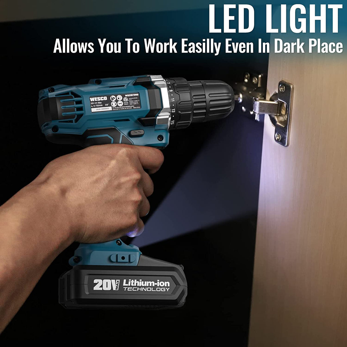 Taladro/conductor inalámbrico, juego de taladro eléctrico WESCO de 20 V con batería de iones de litio y cargador, embrague de 21+1, par de 120 In-lb, portabrocas sin llave de 3/8", luz LED y caja de almacenamiento incluida/WS2972KU - DIGVICE MX