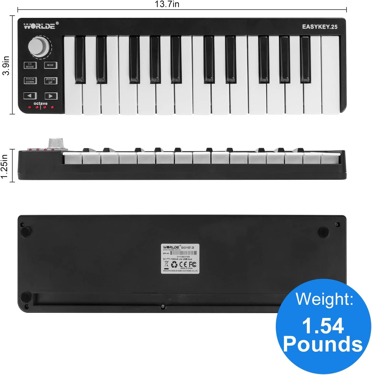 LOTKEY - Controlador MIDI, teclado MIDI Lotkey de 25 teclas, teclado portátil Worlde Easykey.25 Mini controlador MIDI USB de 25 teclas