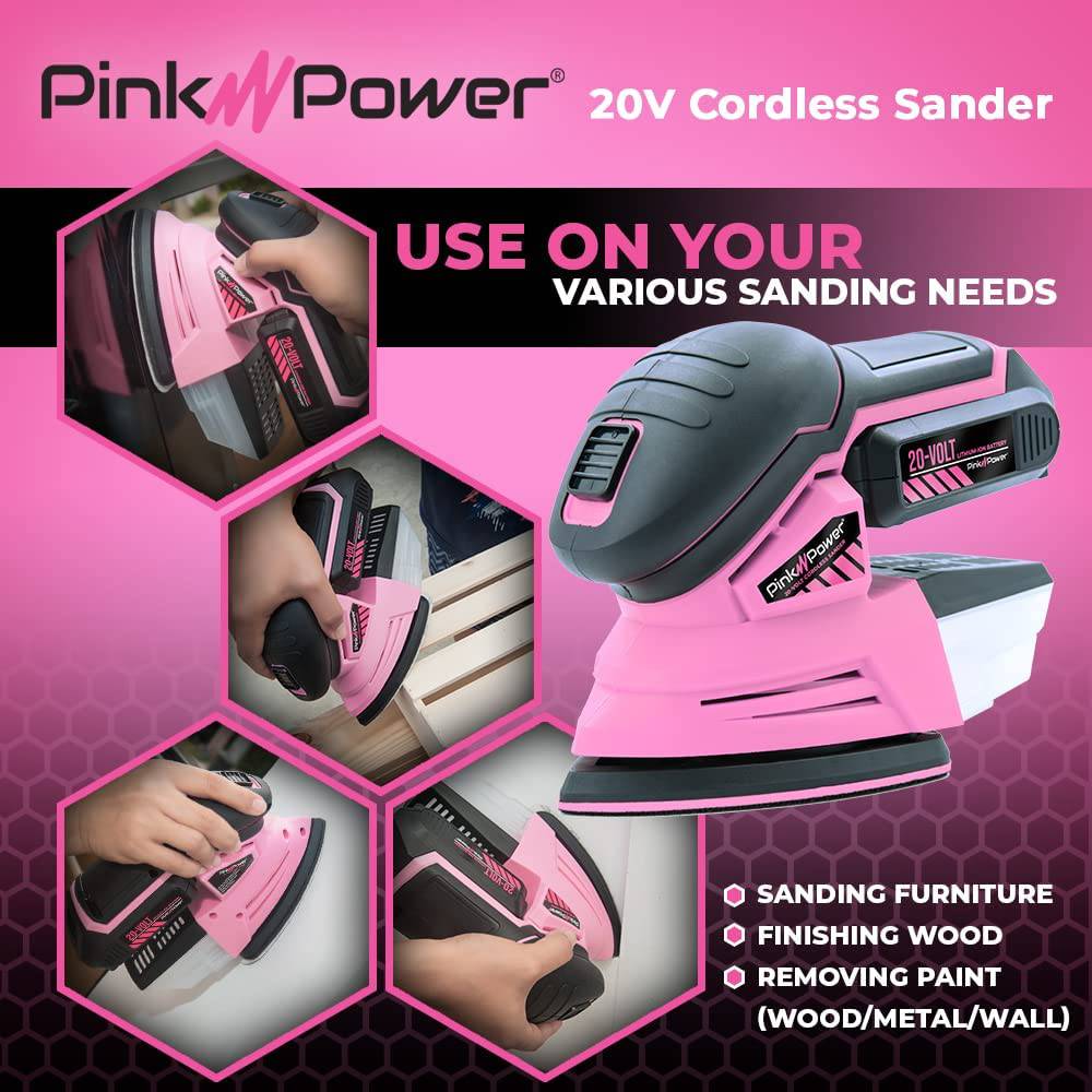 Pink Power - Lijadora de detalles para carpintería, lijadora de mano eléctrica inalámbrica de 20 V para muebles de madera, miniherramienta de lijadora de palma con papel de lija, batería de iones de litio y cargador - DIGVICE MX