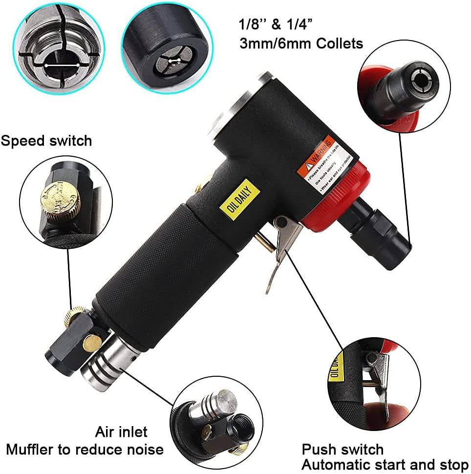 SI FANG Kit de 16 piezas de molinillo de aire, molinillo de ángulo recto con pinzas de 1/4" y 1/8" y 10 piezas de 2" de cambio rápido, juego de mezcla de discos de lijado de bloqueo de rollo, herramienta neumática de molienda de aire de 20.000 RPM (negro) - DIGVICE MX
