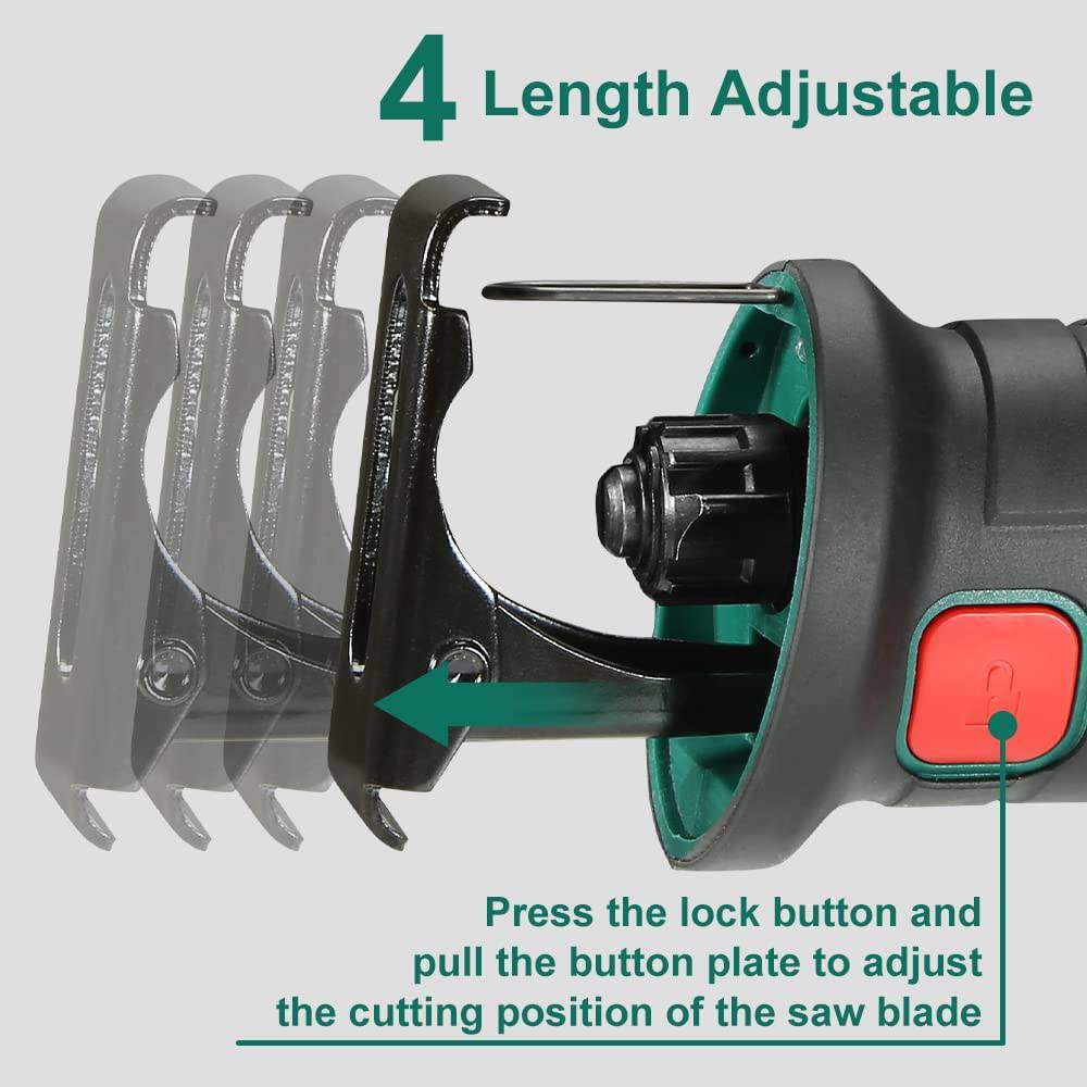 HYCHIKA Sierra alternativa inalámbrica 20V 2Ah 2 baterías 4 hojas de sierra, 0-2800SPM Velocidad variable, 7/8 "Longitud de carrera Cambio de hoja sin herramientas Luz LED para poda de corte de madera y metal - DIGVICE MX