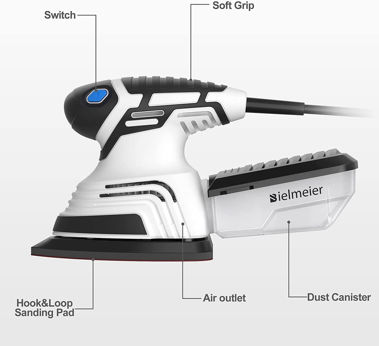 Lijadora de detalles Bielmeier, lijadora de palma con 12 papeles de lija y caja de polvo, lijadora eléctrica con cable de 6 pies 14,000 OPM para carpintería - DIGVICE MX