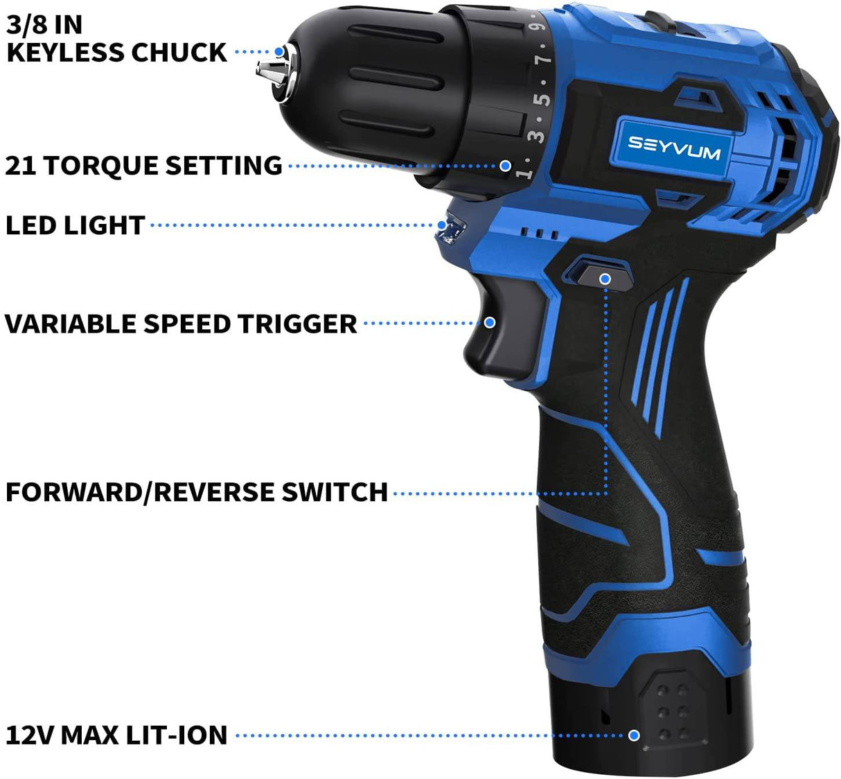 SEYVUM C11 Juego de brocas inalámbricas, Compacto Potente motor sin escobillas, taladro eléctrico de 12 V de par de 350 libras de torsión, taladro eléctrico con bolsa de herramientas, cargador rápido de 1 H, brocas de destornillador eléctrico ligeras - DIGVICE MX