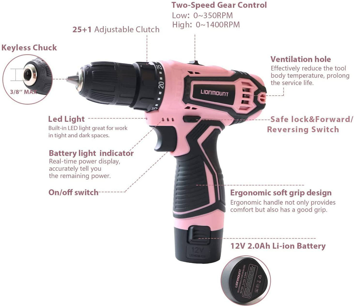 Kit de taladro inalámbrico, kit de taladro Lionmount de 12 V, kit de 21 unidades, par máximo de 40 Nm, taladro inalámbrico con cargador para mejoras del hogar y proyectos de bricolaje - DIGVICE MX