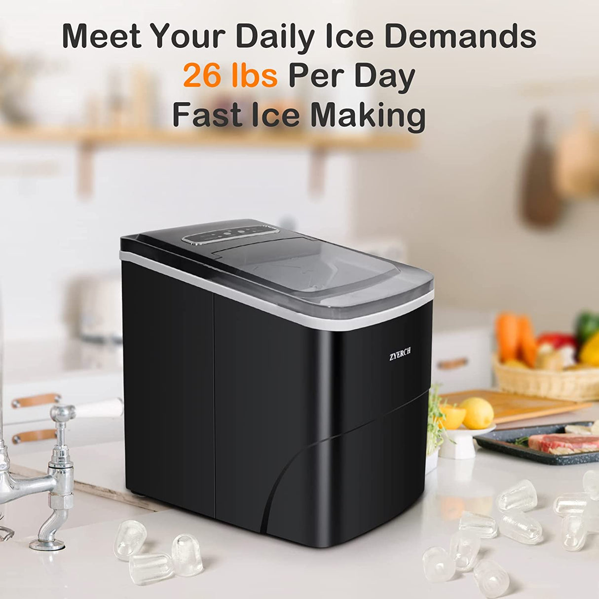 Encimera de máquina para hacer hielo Zyerch, 26 lb de hielo por día, opción de hielo grande o pequeño, fácil de limpiar, disfrute de un suministro interminable de hielo en fiestas, oficinas, patios, hogares, negro - DIGVICE MX