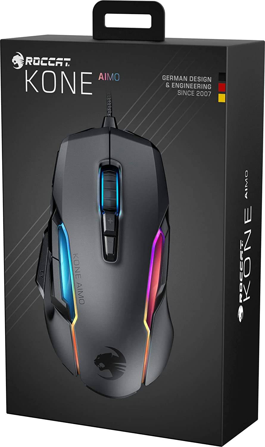 ROCCAT Kone AIMO - Ratón para juegos de PC remasterizado, óptico, iluminación retroiluminada RGB, 23 teclas programables, memoria integrada, empuñadura de palma, sensor de ojo de búho, ergonómico, iluminación LED, ajustable a 16 000 ppp, negro