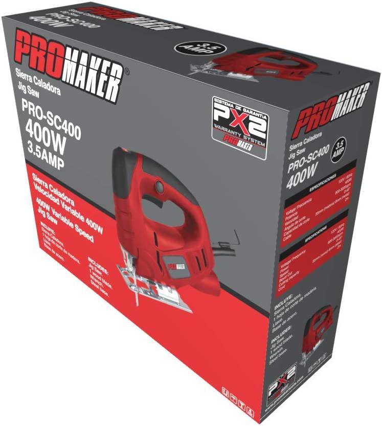 Promaker Sierra caladora, 3,5 Amp 400 W, cortadora de madera con 6 velocidades variables, corte biselado de hoja ajustable de 0 a 45º, sierra de vaivén con cable, profundidad de corte: 55 m para madera y 6 mm para metal. 800-3000 SPM, Promaker PRO-SC400 - DIGVICE MX