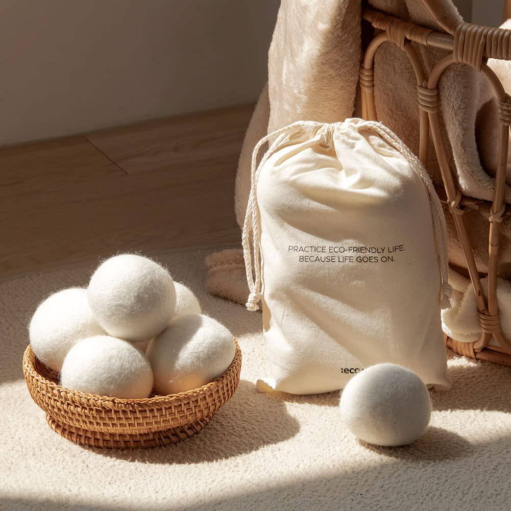 ECOAND Bolas de secadora de lana, paquete de 6, reutilizables y orgánicas para ropa de bebé y lavandería, suavizante de secado antiarrugas y antiestático que captura pelusas y evita que se enreden, ahorro de energía (6 piezas) - DIGVICE MX