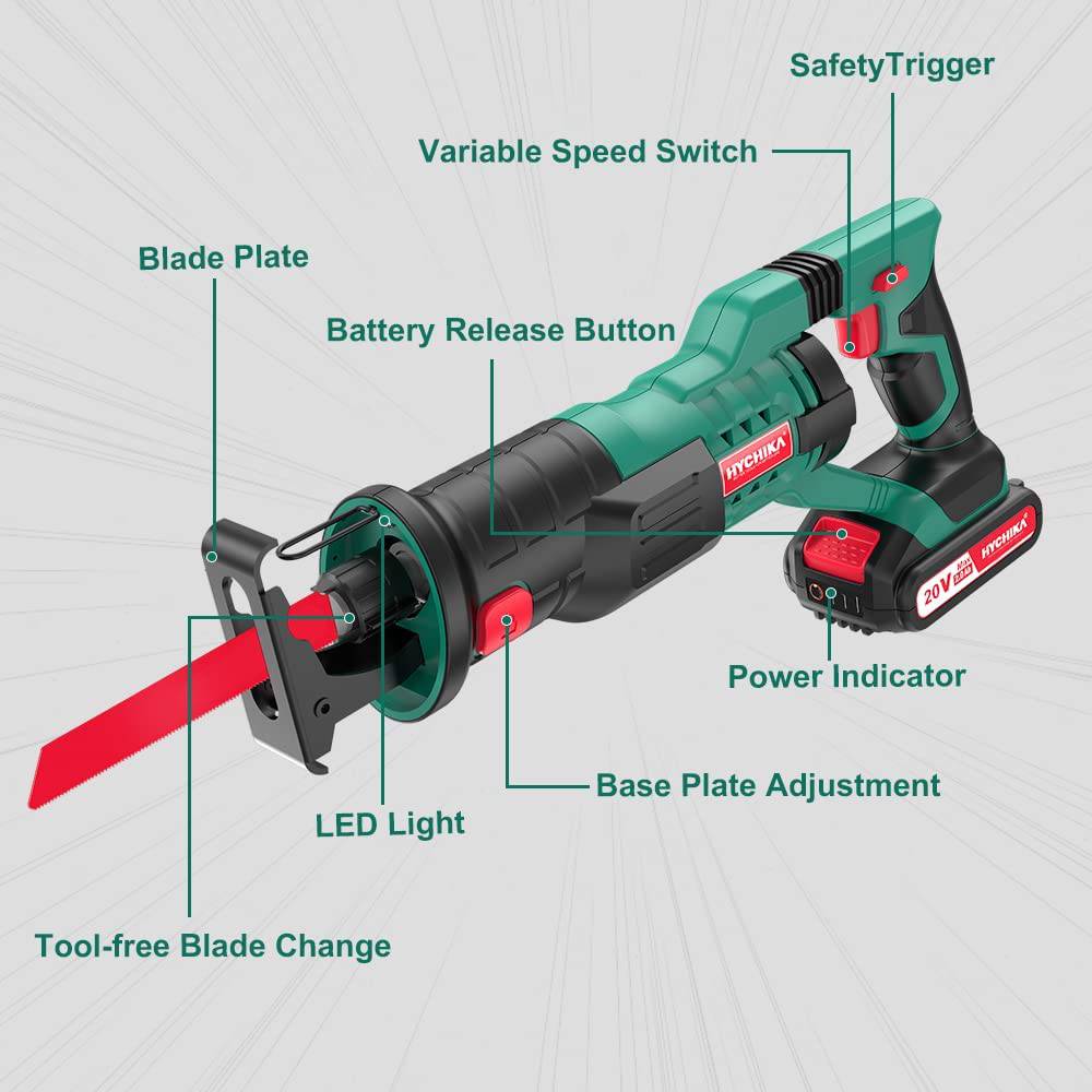 HYCHIKA Sierra alternativa inalámbrica 20V 2Ah 2 baterías 4 hojas de sierra, 0-2800SPM Velocidad variable, 7/8 "Longitud de carrera Cambio de hoja sin herramientas Luz LED para poda de corte de madera y metal - DIGVICE MX