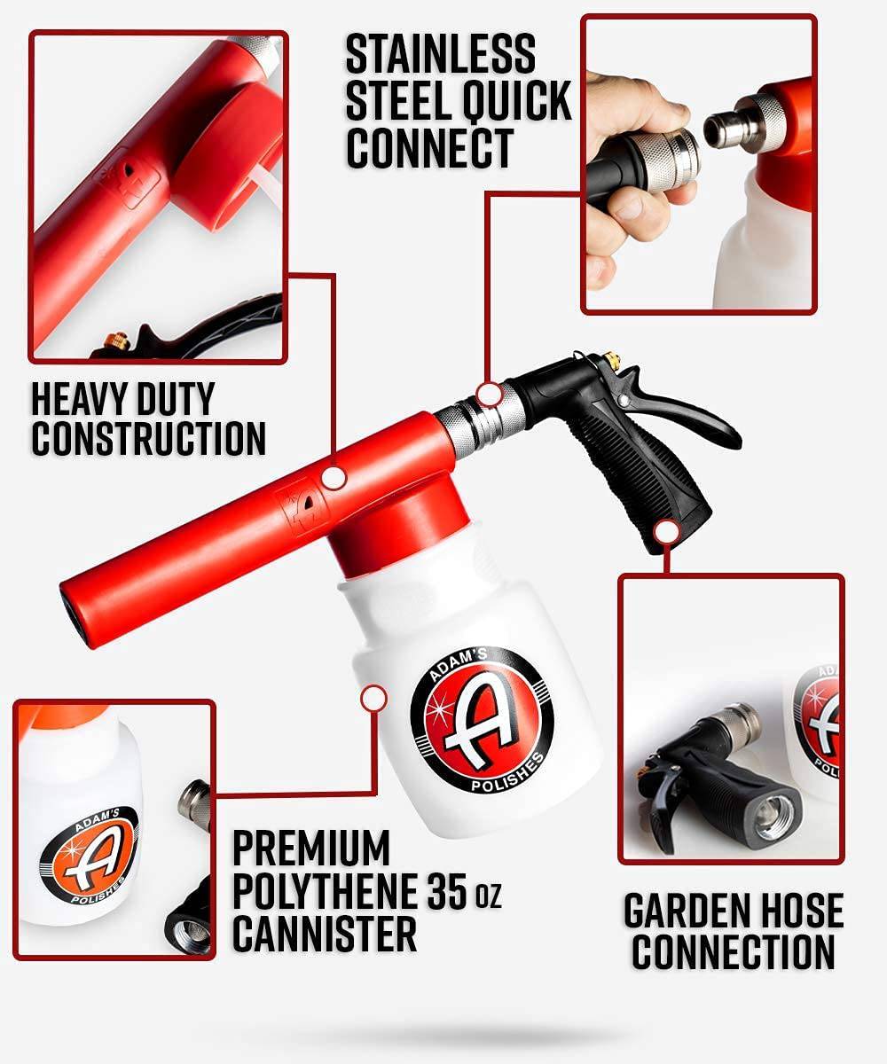 Adam's Premium Pistola de espuma para lavado de autos para manguera de jardín | Mezclar con agua y jabón para coche y no requiere lavadora a presión. Pulverizador de espuma para limpieza y detallado de automóviles Mega Suds