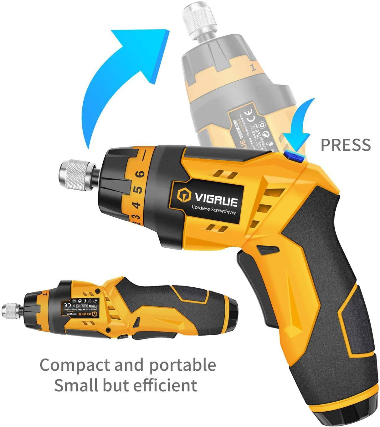 Destornillador inalámbrico VIGRUE, destornillador eléctrico recargable con juego de 48 piezas, indicador de batería, 7 ajustes de par, mango de 2 posiciones con luz LED, eje flexible - DIGVICE MX