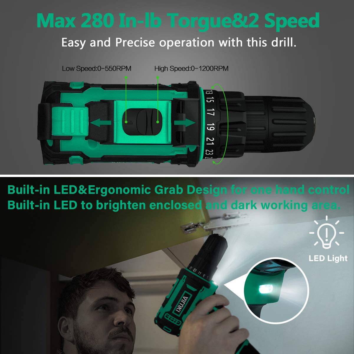 AILUKI Kit de taladro inalámbrico, juego de 67 brocas de 12 V, batería de iones de litio, cepillos de pulsera magnética, cinta métrica, taladro máximo de 280 pulgadas en libras, mandril sin llave de 3/8 pulgadas, embrague de metal 25+1 y LED integrado - DIGVICE MX